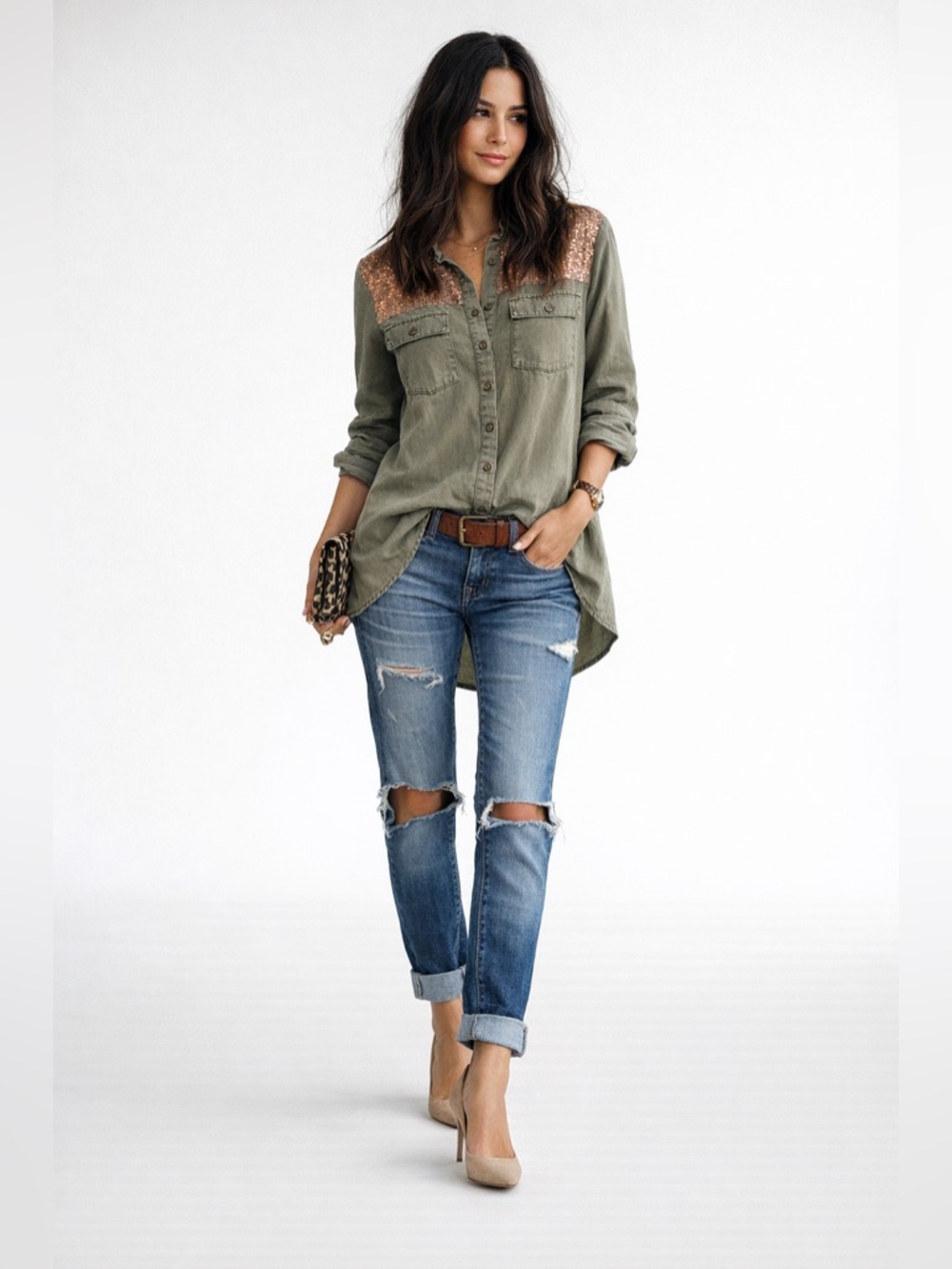 Anthropologie embellished tunic button up shirt